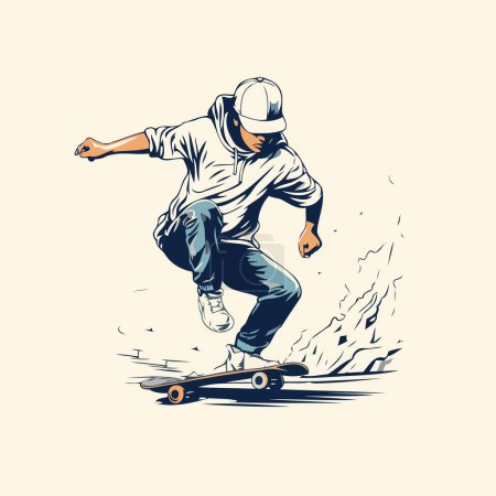 Skateboarder in action. Vector illustration in vintage style.