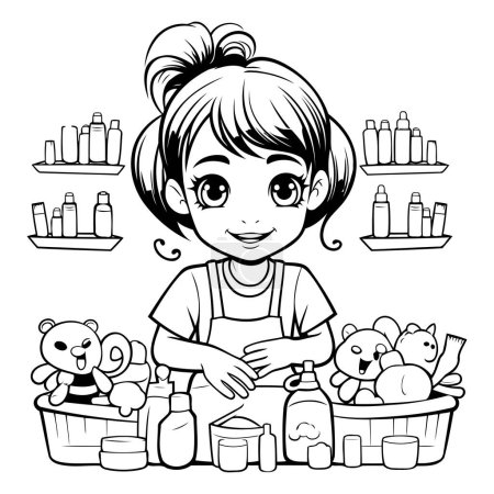 Illustration for Black and White Cartoon Illustration of Cute Little Girl Posing with Toys for Coloring Book - Royalty Free Image