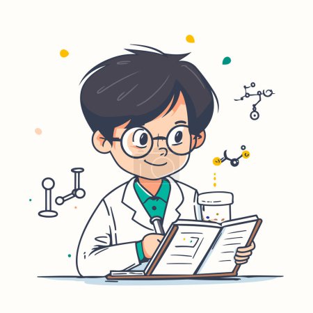 Illustration for Cute boy scientist in lab coat and glasses. Vector illustration. - Royalty Free Image