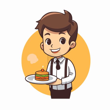 Illustration for Cute cartoon waiter holding a plate with a cake. Vector illustration. - Royalty Free Image