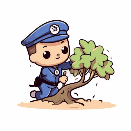 Téléchargez les illustrations : Illustration d'un petit policier portant un arbre sur le dos - en licence libre de droit
