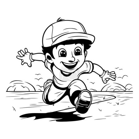 Illustration for Cartoon boy running on the beach. Black and white vector illustration. - Royalty Free Image