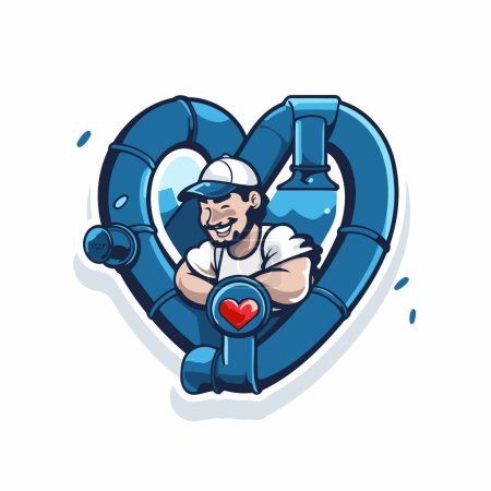 Téléchargez les illustrations : Plombier tenant un tuyau en forme de coeur. Illustration vectorielle. - en licence libre de droit