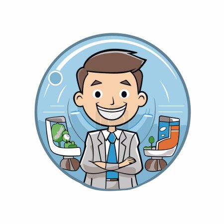 Ilustración de Caricatura de hombre de negocios dentro de un icono redondo. Diseño de ilustración vectorial sobre fondo blanco. - Imagen libre de derechos