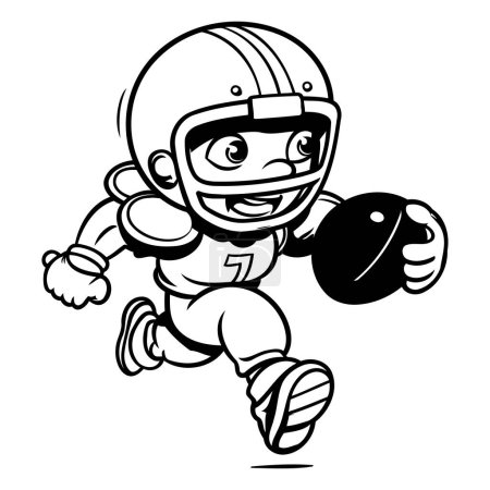 Téléchargez les illustrations : Dessin animé noir et blanc illustrant un joueur de football américain qui court avec un ballon - en licence libre de droit