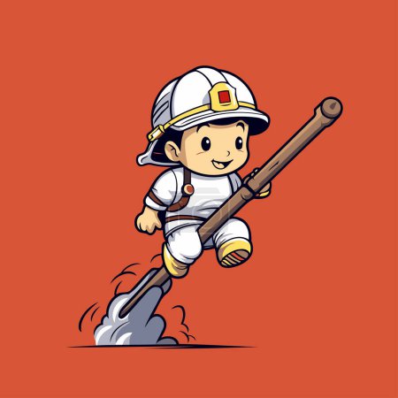 Téléchargez les illustrations : Pompier à dessin animé avec une pelle. Illustration vectorielle d'un pompier de dessin animé - en licence libre de droit