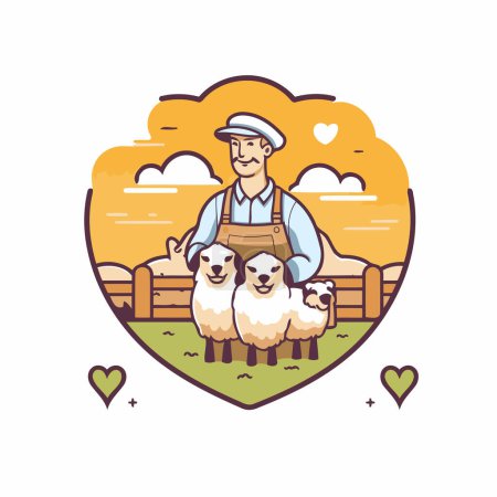Agricultor con ovejas en la granja. Ilustración vectorial en estilo plano