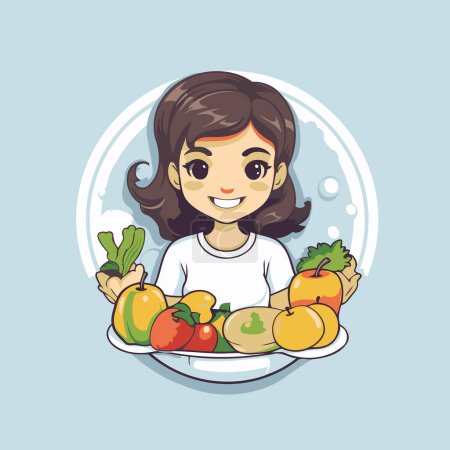 Illustration for Cute little girl holding plate with fruits and vegetables. Vector illustration. - Royalty Free Image