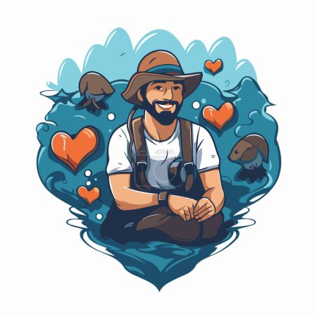 Illustration for Vector illustration of a man in a hat with a beard and mustache sitting on the shore of a lake. surrounded by hearts. - Royalty Free Image