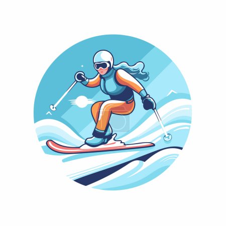 Téléchargez les illustrations : Une skieuse. Illustration vectorielle dans un style plat sur fond blanc. - en licence libre de droit