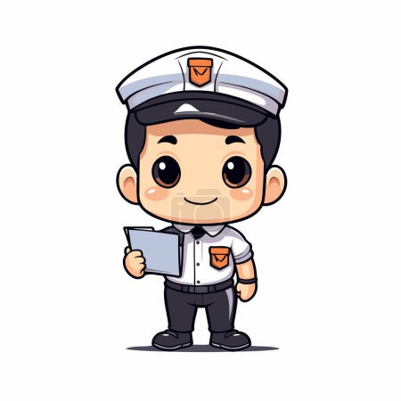Téléchargez les illustrations : Mignon garçon marin avec chapeau et uniforme tenant une illustration vectorielle ordinateur portable - en licence libre de droit