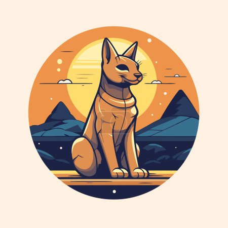 Illustration for Illustration of a fox sitting on the background of mountains and sunset - Royalty Free Image