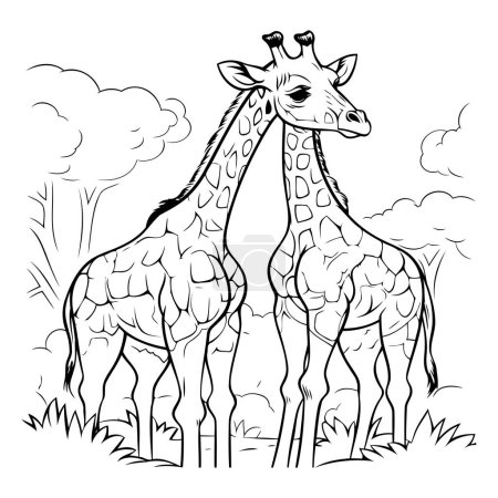 Téléchargez les illustrations : Illustration vectorielle noir et blanc de dessin animé girafe pour livre à colorier. - en licence libre de droit