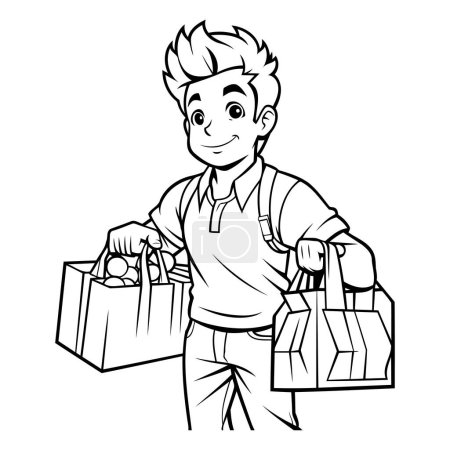 Illustration for Black and White Cartoon Illustration of Happy Boy with Shopping Bags - Royalty Free Image