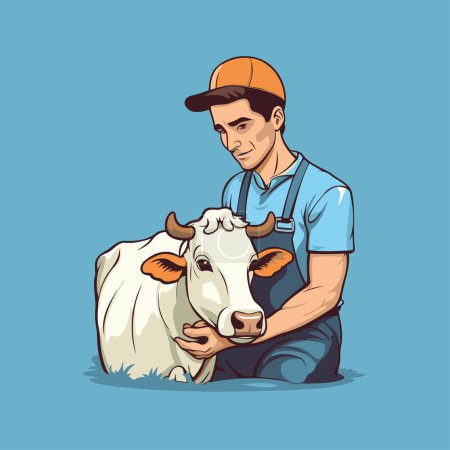 Téléchargez les illustrations : Illustration vectorielle d'un agriculteur avec une vache sur fond bleu. - en licence libre de droit