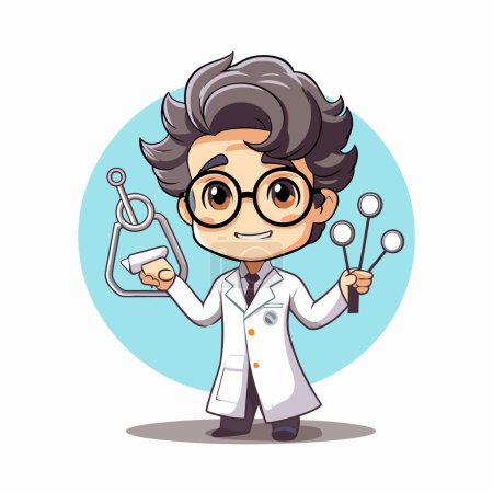 Illustration for Scientist boy holding a stethoscope cartoon character vector illustration. - Royalty Free Image