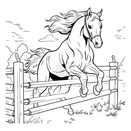 Téléchargez les illustrations : Cheval sautant par-dessus la clôture. Illustration vectorielle noir et blanc pour livre à colorier. - en licence libre de droit