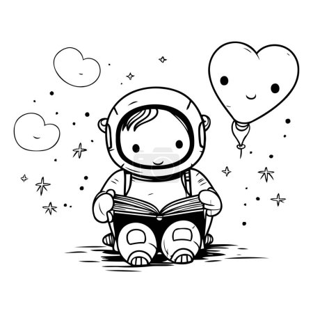 Ilustración de Lindo niño en traje de astronauta sentado en el suelo y leyendo un libro - Imagen libre de derechos