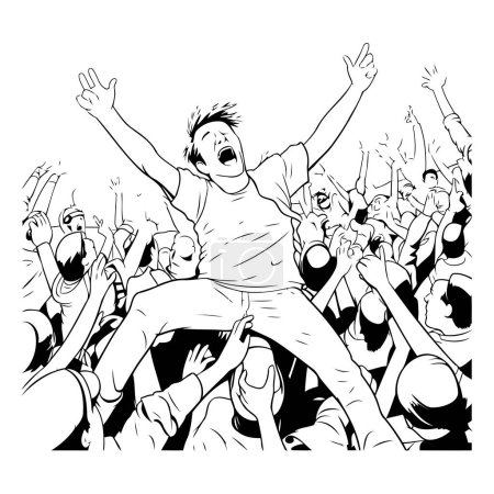 Téléchargez les illustrations : Une foule de gens avec les mains levées. Illustration noir et blanc. - en licence libre de droit