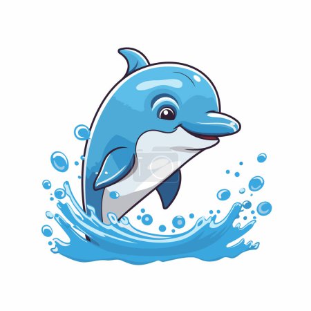 Ilustración de Lindo delfín de dibujos animados saltando del agua. Ilustración vectorial. - Imagen libre de derechos