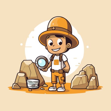 Téléchargez les illustrations : Joli garçon explorateur tenant une loupe. Illustration vectorielle. - en licence libre de droit