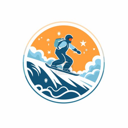 Téléchargez les illustrations : Snowboarder dans les montagnes. Illustration vectorielle d'un snowboardeur sur un snowboard. - en licence libre de droit