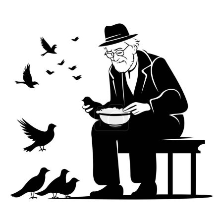 Téléchargez les illustrations : Vieil homme assis sur un banc et nourrissant des pigeons. Illustration vectorielle. - en licence libre de droit
