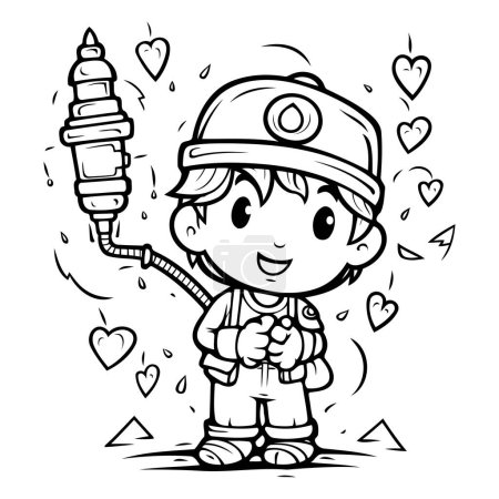 Téléchargez les illustrations : Dessin animé Illustration d'un garçon mignon enfant en costume de pompier tenant Sparkler - en licence libre de droit
