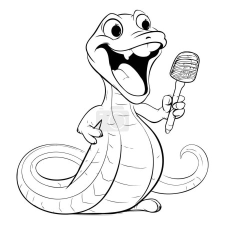 Téléchargez les illustrations : Illustration d'un serpent chantant avec un microphone sur fond blanc - en licence libre de droit