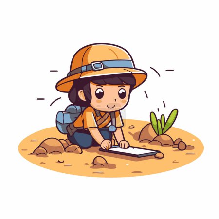 Illustration for Cute little boy playing in the sand with his tablet. Vector illustration. - Royalty Free Image