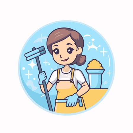 Illustration for Cleaning lady character. Cleaning service. Vector illustration in cartoon style. - Royalty Free Image