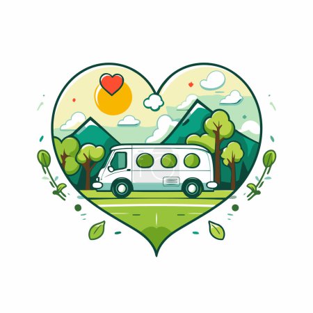 Téléchargez les illustrations : Camping dans un camping-car en forme de cœur. Illustration vectorielle. - en licence libre de droit