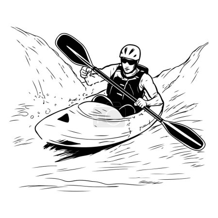 Illustration for Man paddling in kayak. black and white vector illustration. - Royalty Free Image