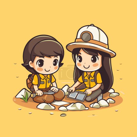 Illustration for Boy and girl scout sitting on the ground with map. Vector illustration. - Royalty Free Image