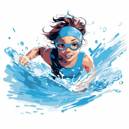 Téléchargez les illustrations : Fille de natation dans des lunettes et casquette. Illustration vectorielle dessinée main. - en licence libre de droit