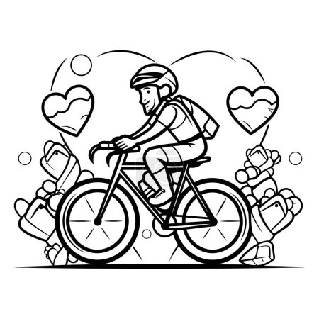 Téléchargez les illustrations : Cycliste avec le cœur sur le vélo. Illustration vectorielle de contour. - en licence libre de droit