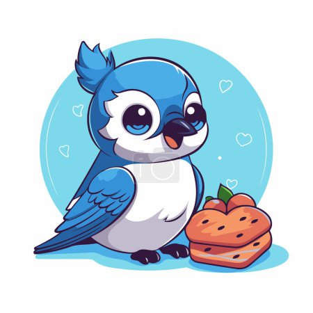 Illustration for Cute cartoon blue bird with cookie and apple. Vector illustration. - Royalty Free Image