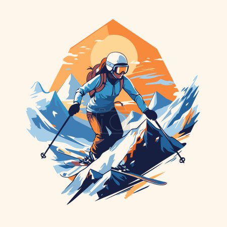 Téléchargez les illustrations : Femme skieuse dans les montagnes. Illustration vectorielle dans un style rétro. - en licence libre de droit