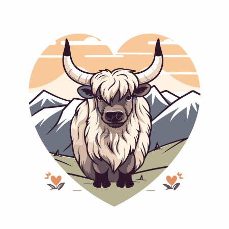 Téléchargez les illustrations : Illustration vectorielle d'un yak en forme de cœur sur fond de montagnes. - en licence libre de droit