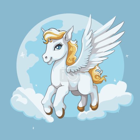Ilustración de Lindo unicornio de dibujos animados con alas en la nube. Ilustración vectorial. - Imagen libre de derechos