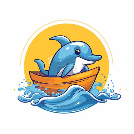 Ilustración de Delfín de dibujos animados en un barco. Ilustración vectorial sobre fondo blanco. - Imagen libre de derechos
