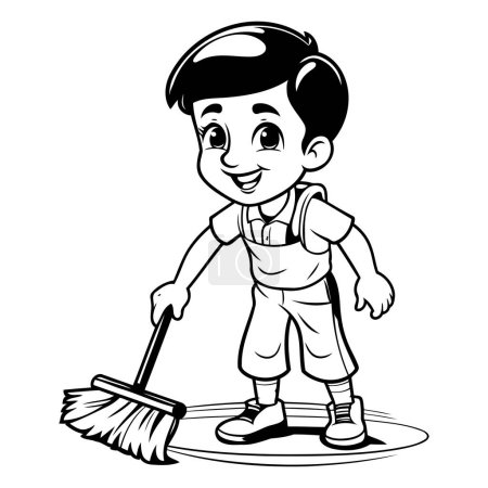 Illustration for Cute Boy Cleaning the Floor - Black and White Cartoon Illustration - Royalty Free Image