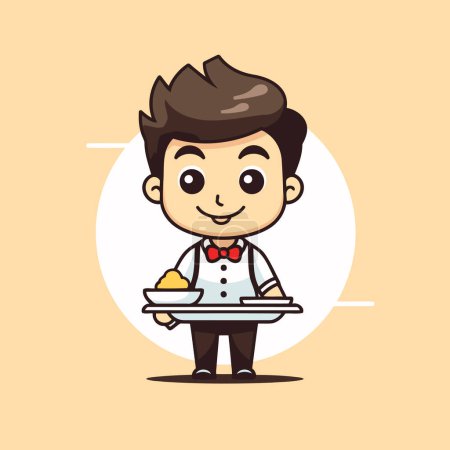 Illustration for Waiter Serving Food - Cartoon Vector Illustration. - Royalty Free Image