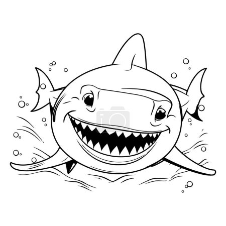Téléchargez les illustrations : Illustration de dessin animé noir et blanc de personnage drôle de requin pour livre à colorier - en licence libre de droit
