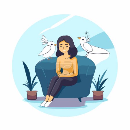 Ilustración de Mujer sentada en el sofá con palomas. Ilustración vectorial plana. - Imagen libre de derechos