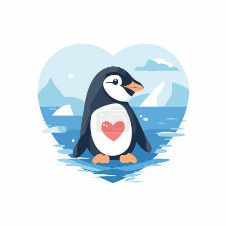 Téléchargez les illustrations : Mignon pingouin dans un coeur. Illustration vectorielle en style plat - en licence libre de droit