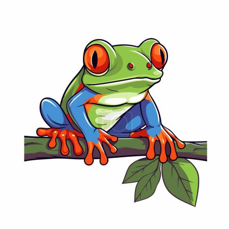 Red-eyed tree frog sitting on a branch. Vector illustration.