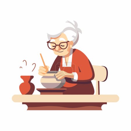 Elderly woman potter working on pottery. Vector illustration