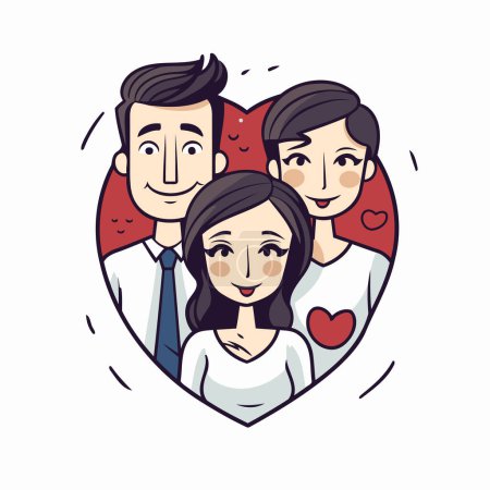 Téléchargez les illustrations : Illustration vectorielle d'un couple heureux en forme de cœur avec leurs parents - en licence libre de droit