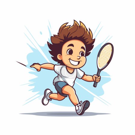 Ilustración de Niño de dibujos animados jugando al tenis. Ilustración vectorial de un niño jugando al tenis. - Imagen libre de derechos